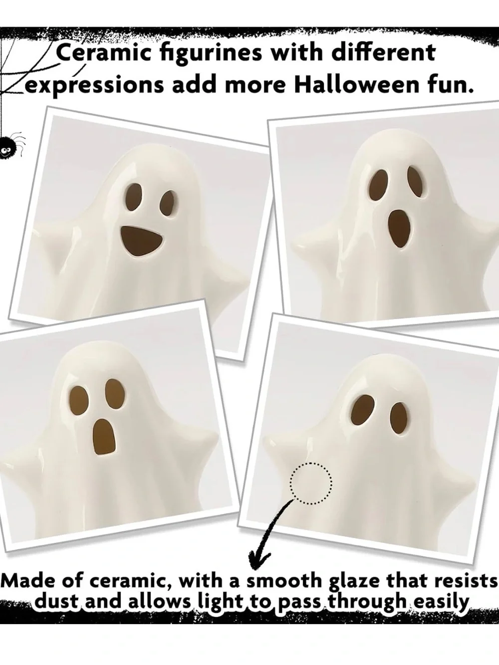 Set of 4 Ceramic White Ghost Tea Lights - Decorative Halloween LED Figurines